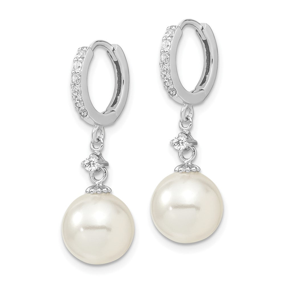 Majestic Sterling Silver Rhodium-plated 10-11mm White Imitation Shell Pearl CZ Hinged Hoop Dangle Earrings