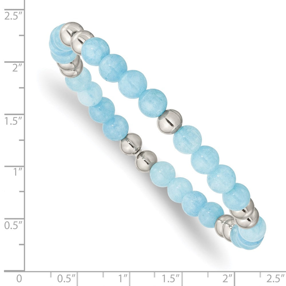 Stainless Steel Polished Blue Quartz Beaded Stretch Bracelet 7.25 inches