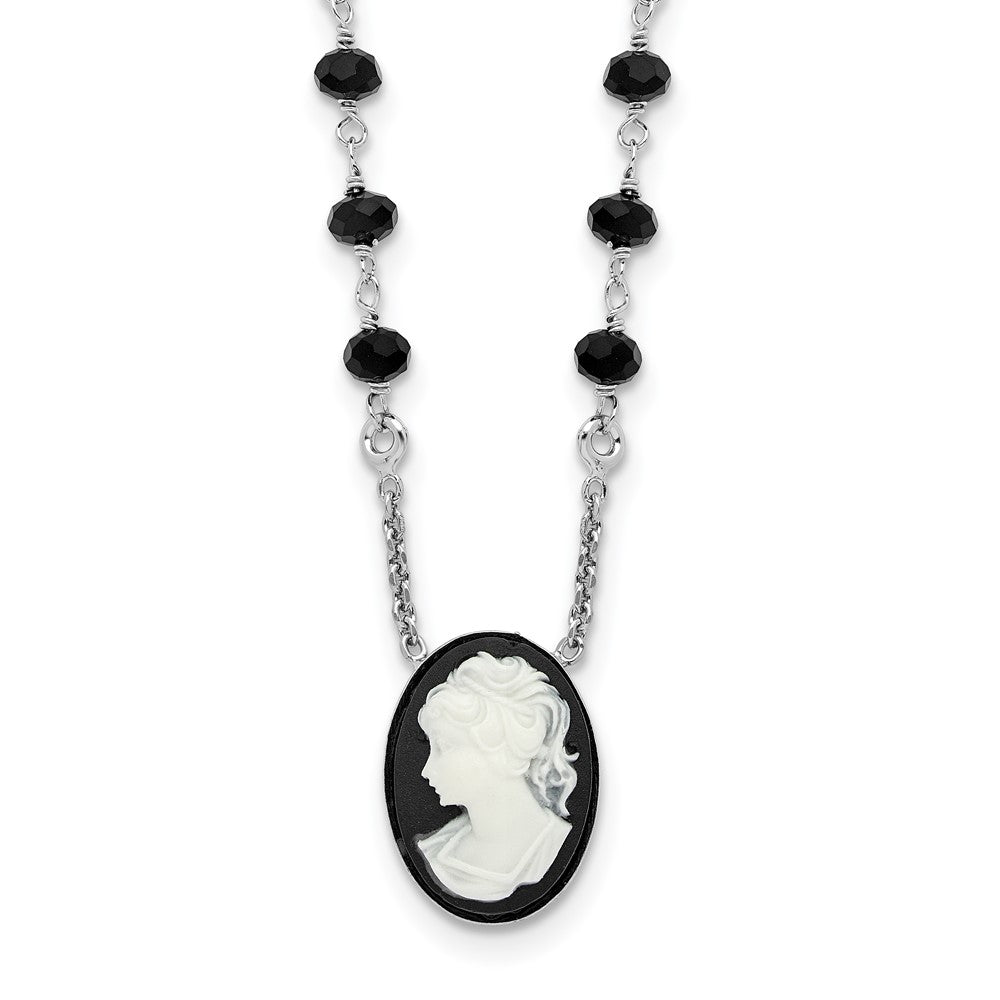 Sterling Silver Rh-plated Black Glass Beads Resin Cameo 1.5in ext.