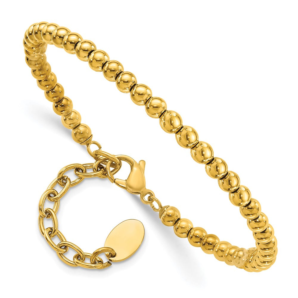 Stainless Steel Polished Yellow IP Beaded 6.5in w/1.5in ext Bracelet 6.5 inches