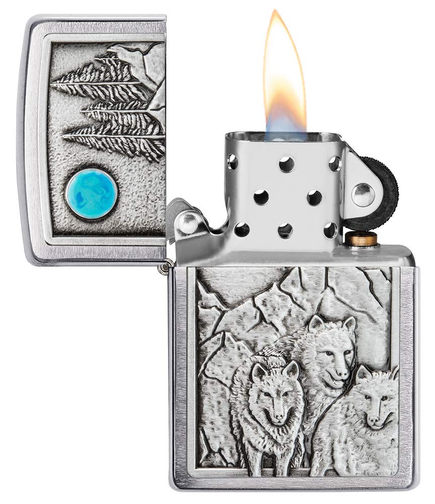 Zippo Wolf Pack and Moon Emblem Brushed Chrome Pocket Lighter