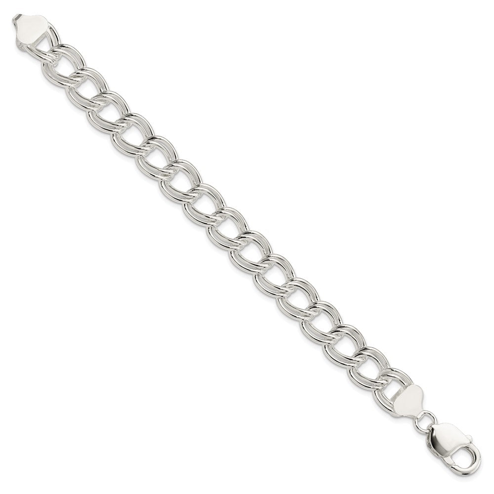 Sterling Silver 11.5mm Solid Double Link Charm Bracelet 8 inches