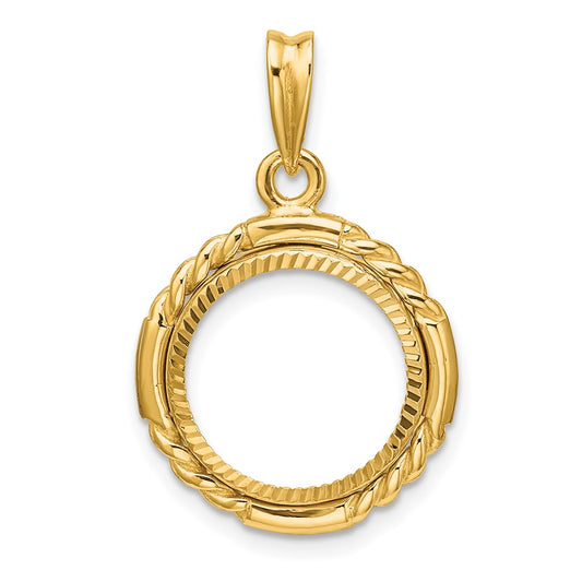 Wideband Distinguished Coin Jewelry 14k Polished Quadruple Twist and Diamond-cut 14.0mm Prong Coin Bezel Pendant