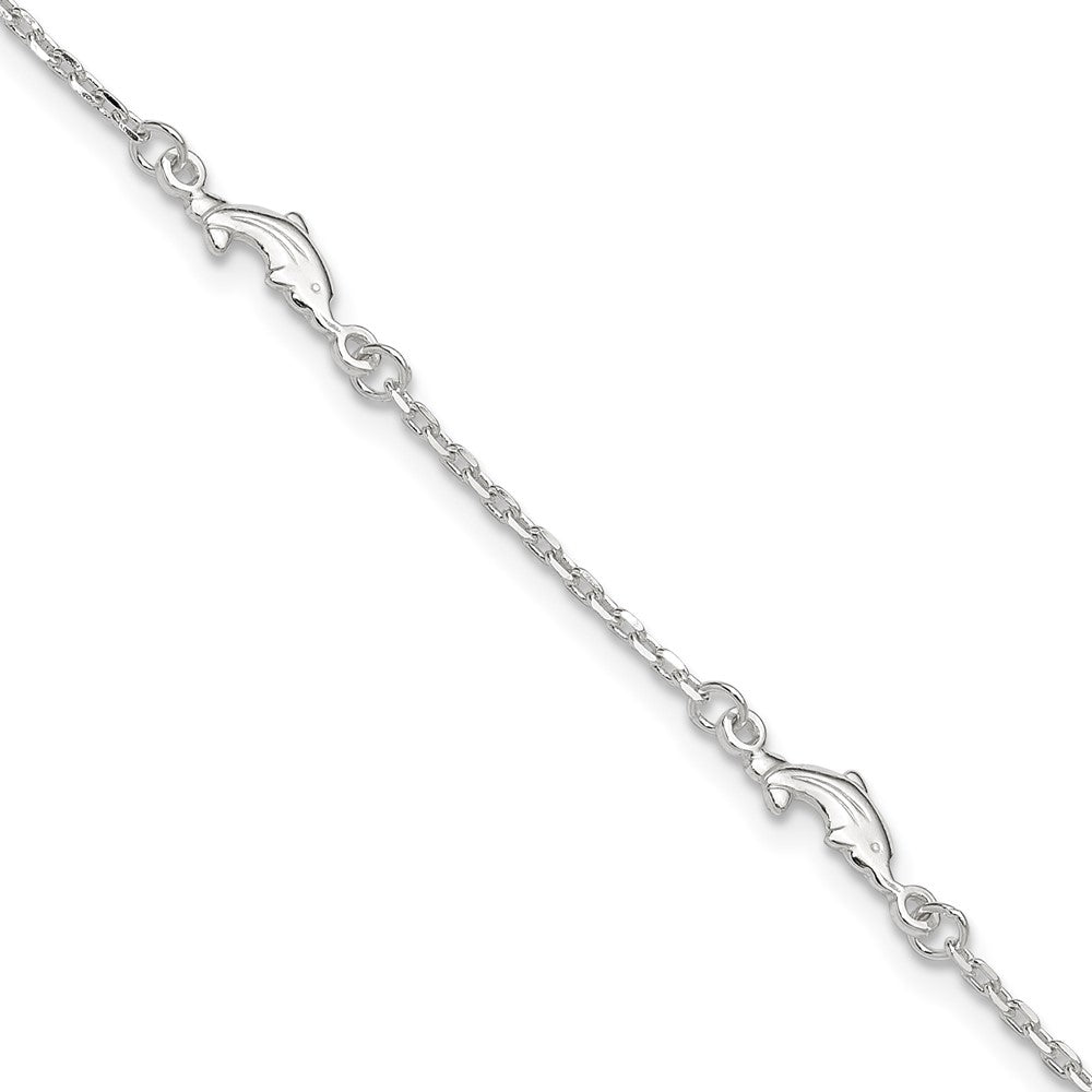 Sterling Silver Polished Dolphin 9in Plus 1in Ext. Anklet 9 inches