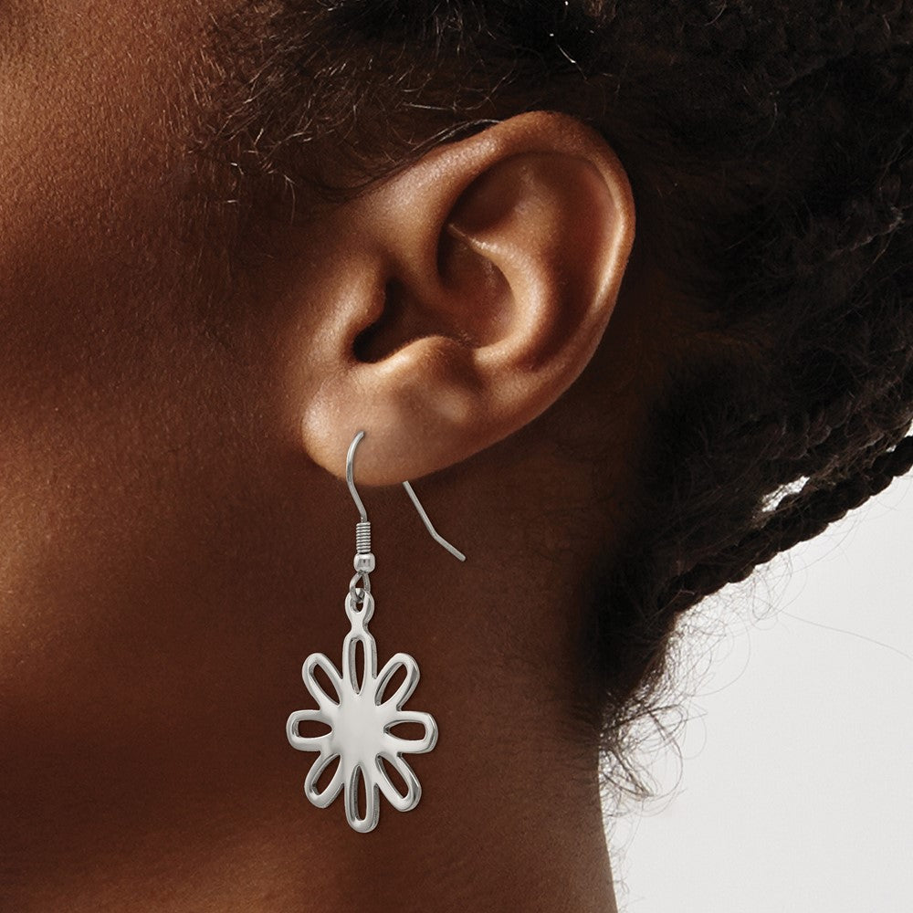 Stainless Steel Polished Large Flower Dangle Earrings
