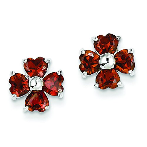 Sterling Silver Rhodium Plated Garnet Flower Post Earrings