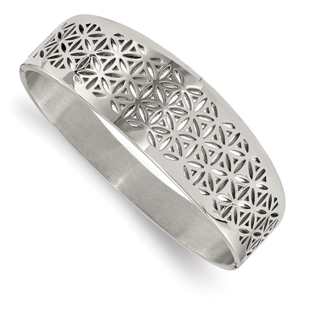 Stainless Steel Polished Flower Cut-out Hinged Bangle
