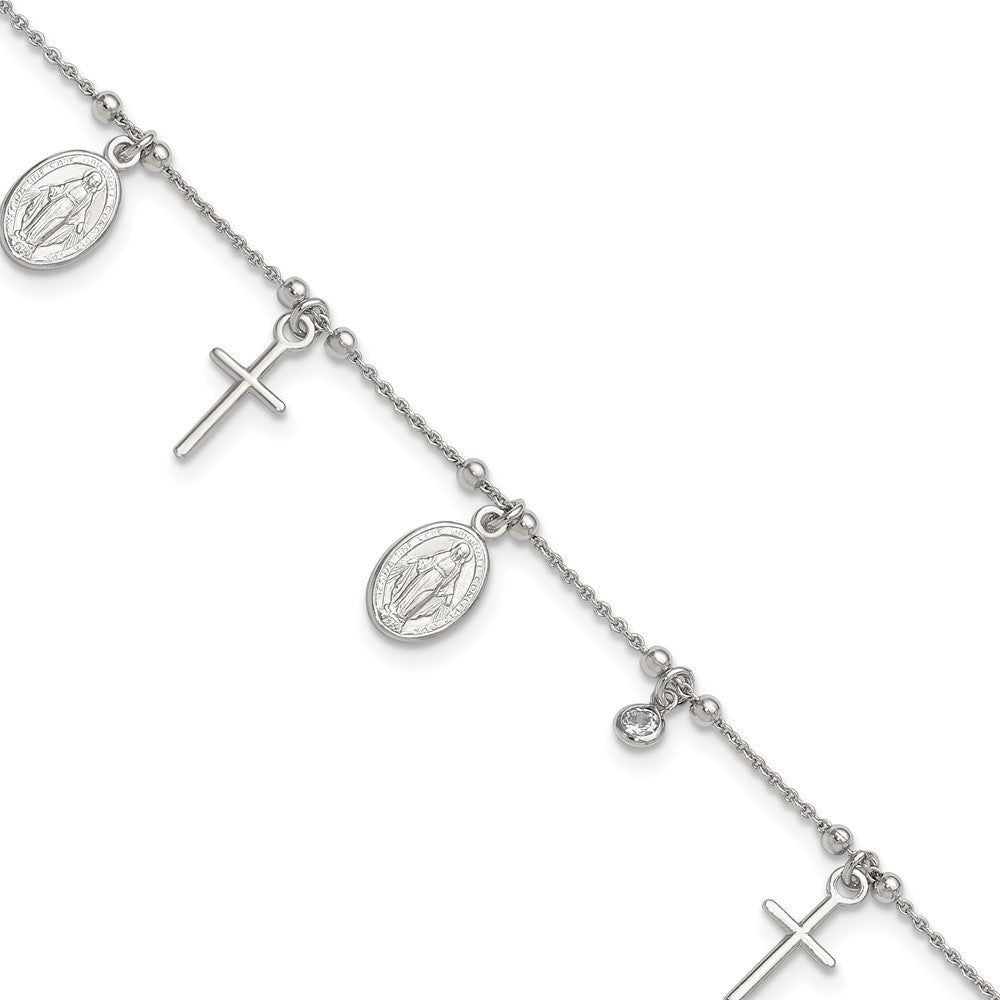 Sterling Silver Rhodium-plated CZ Cross and Mary Charm 9in w/1in ext Anklet 9 inches