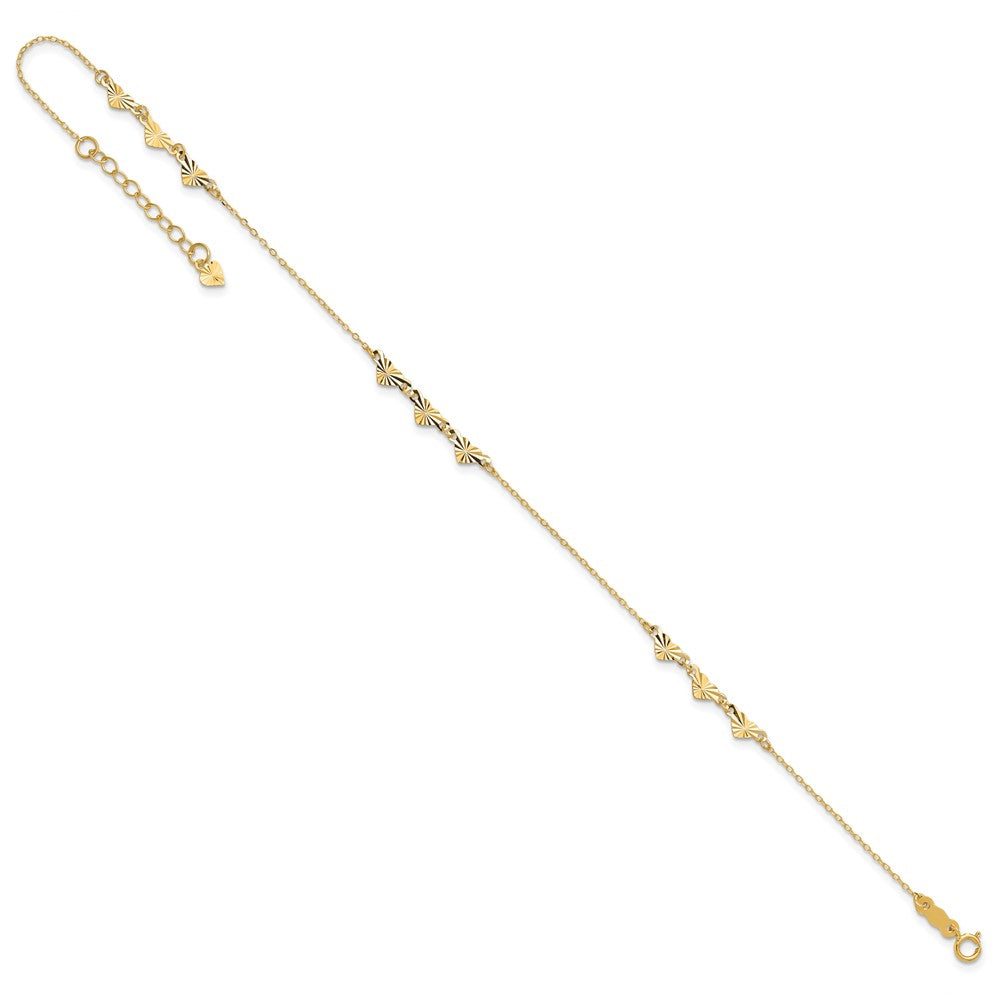 14K Diamond-cut Hearts 9in Plus 1in ext  Anklet