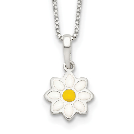 Sterling Silver Polished Yellow & White Enamel Flower Children's Necklace 15 Inches
