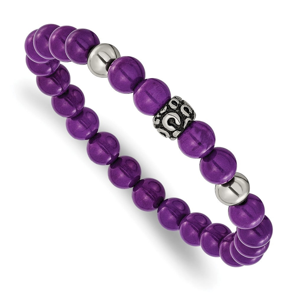 Chisel Stainless Steel Antiqued and Polished 8mm Purple Stone Beaded 7 inch Stretch Bracelet 7 inches