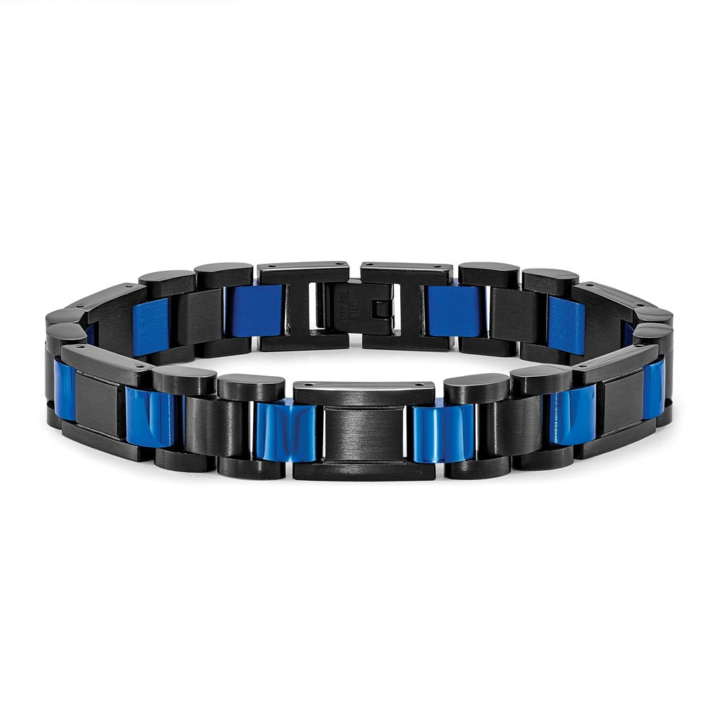 Stainless Steel Brushed & Polished Black & Blue IP-plated 8.75in Bracelet 8.75 inches