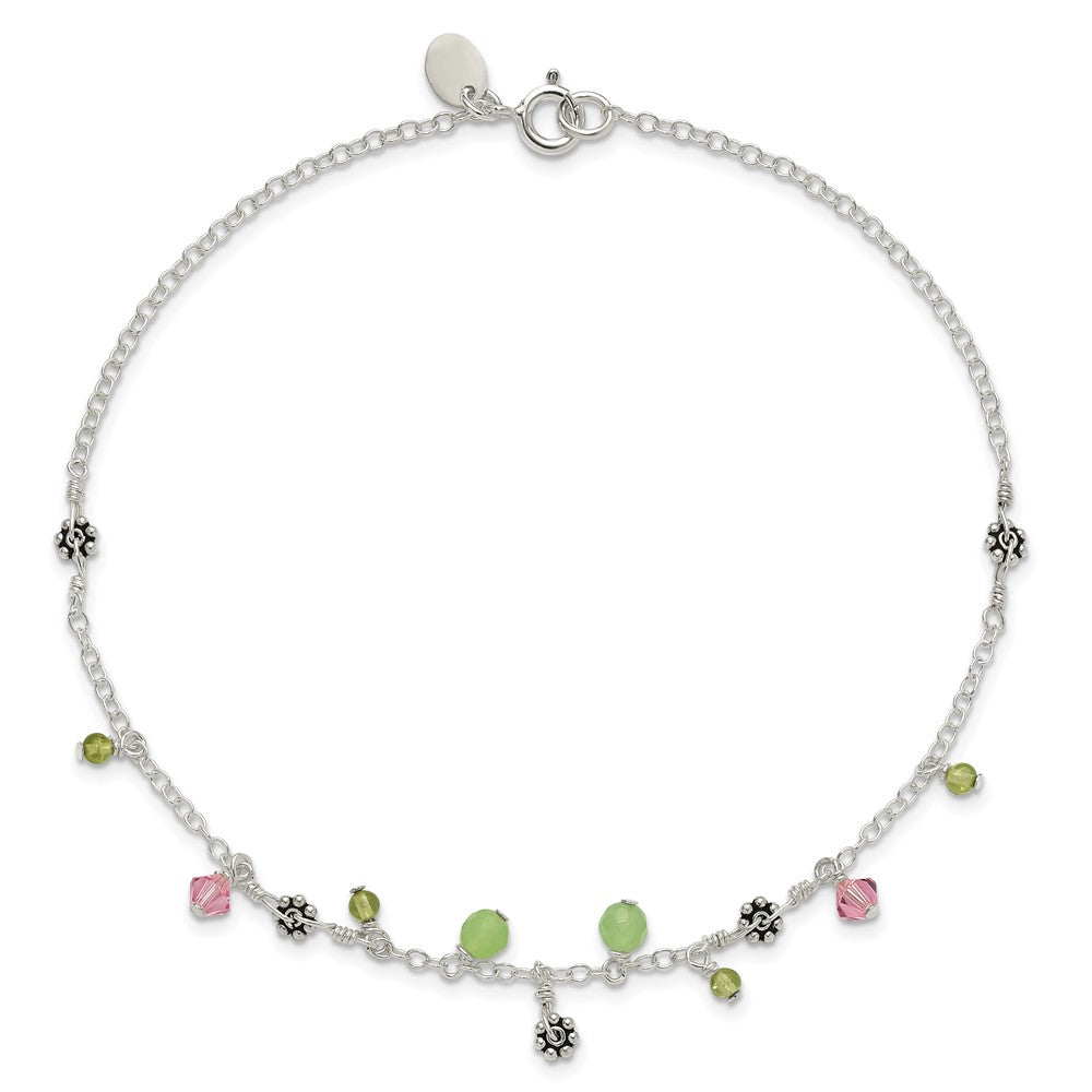 Sterling Silver 9in Pink Crystal Green Quartz Peridot Beads Anklet 9 inches