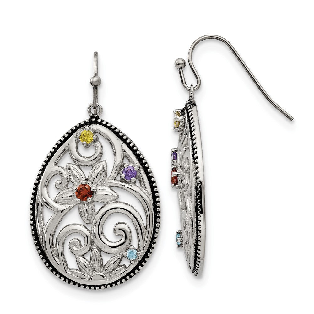 Stainless Steel Antiqued and Polished  w/Multicolor CZ Dangle Earrings