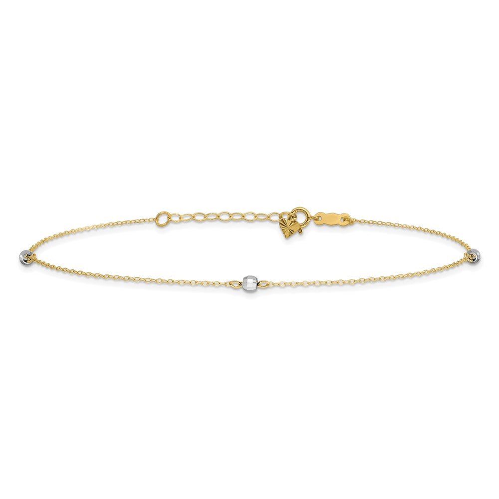 14k Two-tone Mirror Bead 9in Plus 1in ext. Anklet 9 inches