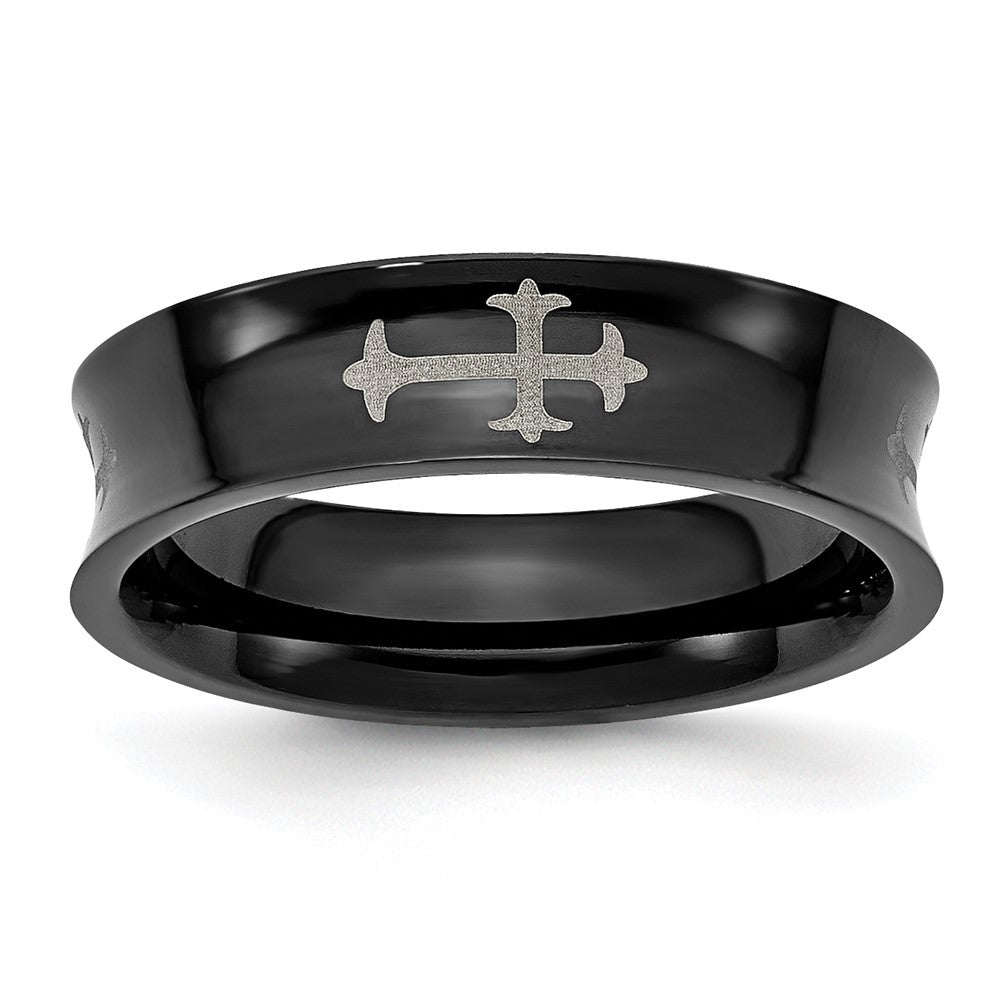 Chisel Stainless Steel Polished Black IP-plated Cross 6mm Concave Band Size - 9