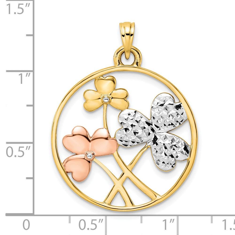 14k With White and Rose Rhodium D/C Clovers Circle Pendant