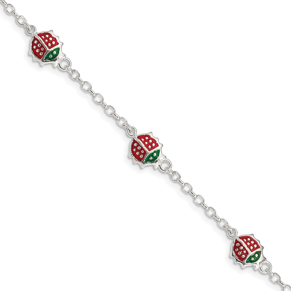 Sterling Silver Multi-color Enamel Ladybugs w/ 1in ext. Children's Bracelet 6 inches