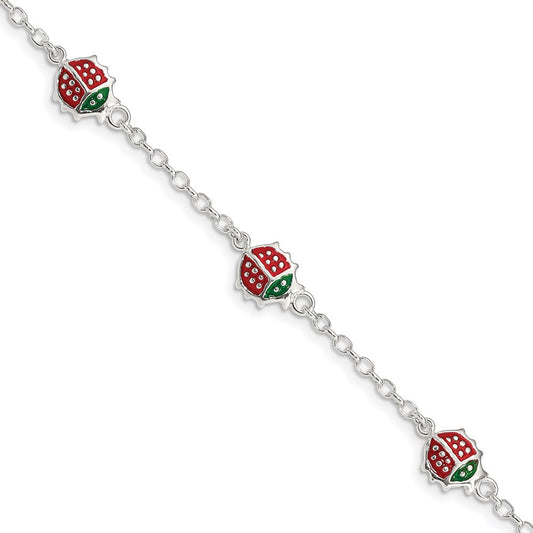 Sterling Silver Multi-color Enamel Ladybugs w/ 1in ext. Children's Bracelet 6 inches