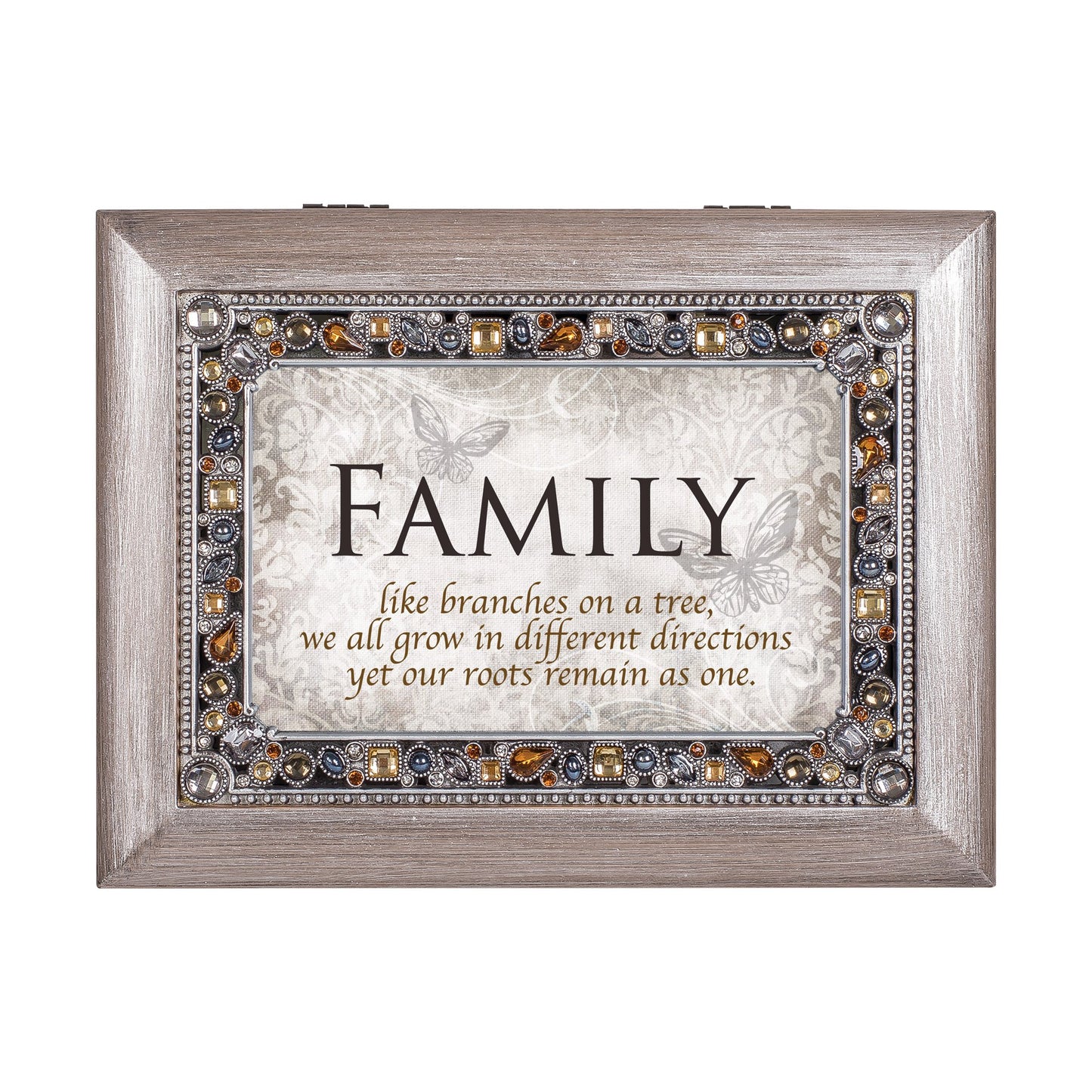 Jeweled Woodgrain Resin FAMILY Sentiment Music Box (Plays Wonderful World) Q-GM18582
