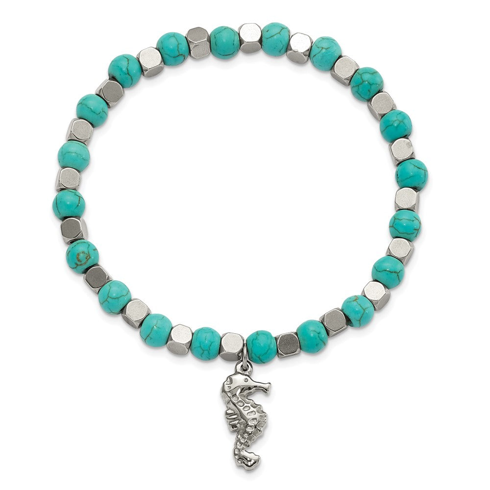 Stainless Steel Polished Imit. Turquoise Beaded Seahorse Stretch Bracelet 6.5 inches
