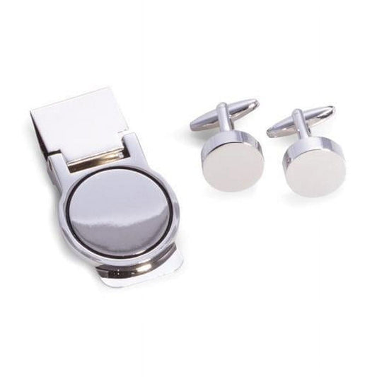 Silver Round Cufflinks and Money Clip Set