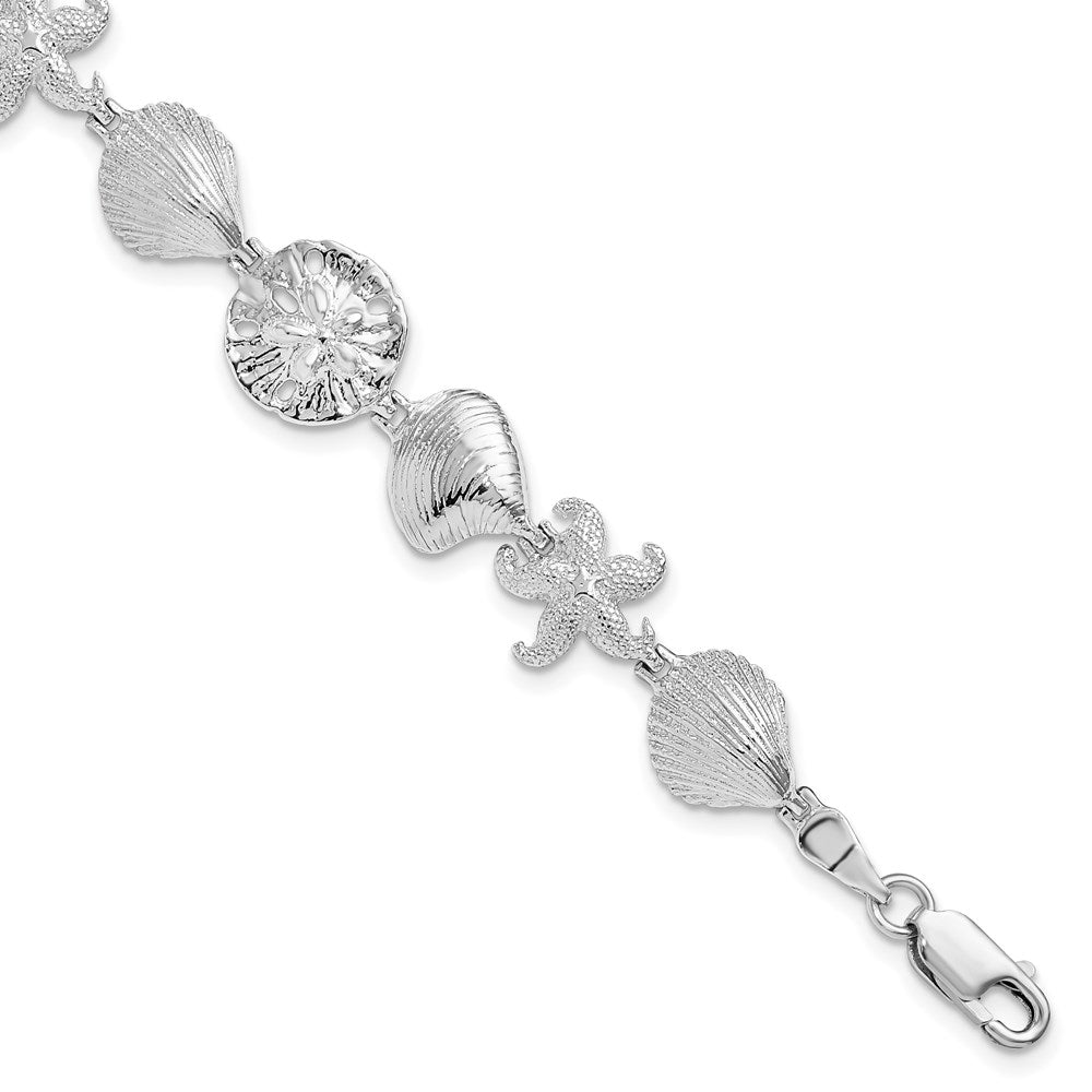 De-Ani Sterling Silver Rhodium-Plated Polished Starfish / Shells / Sand Dollar Bracelet 7 inches