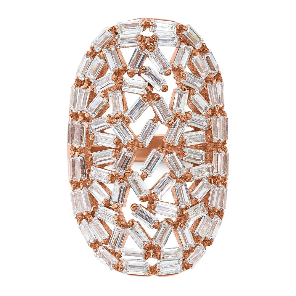 Sterling Silver Rose Gold-plated Oval Baguette Crystal Size 9 Ring