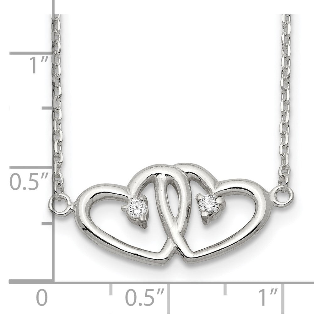 Sterling Silver Polished Two Hearts CZ Necklace 18 Inches