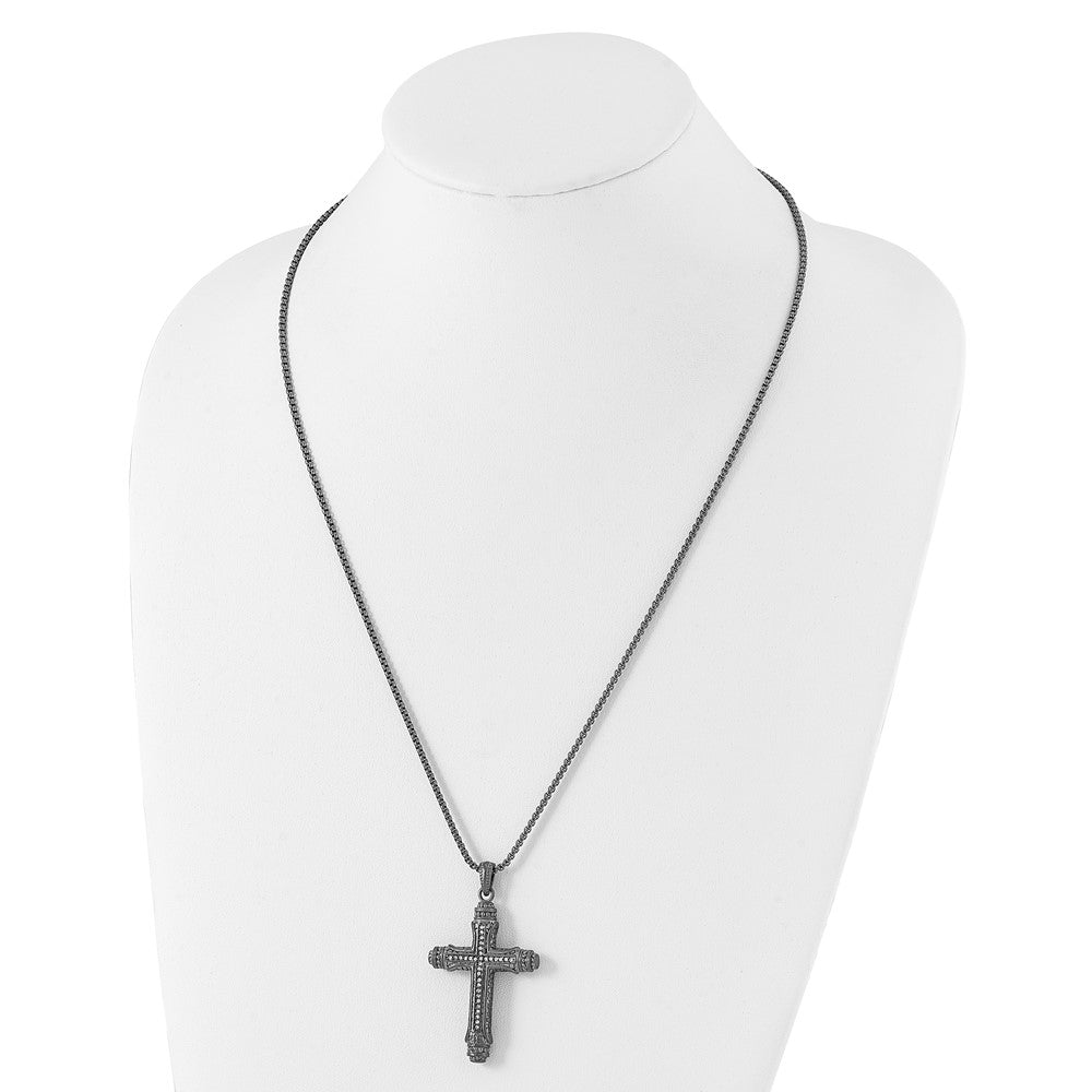 Stainless Steel Brushed & Polished Gun Metal IP CZ Cross Necklace