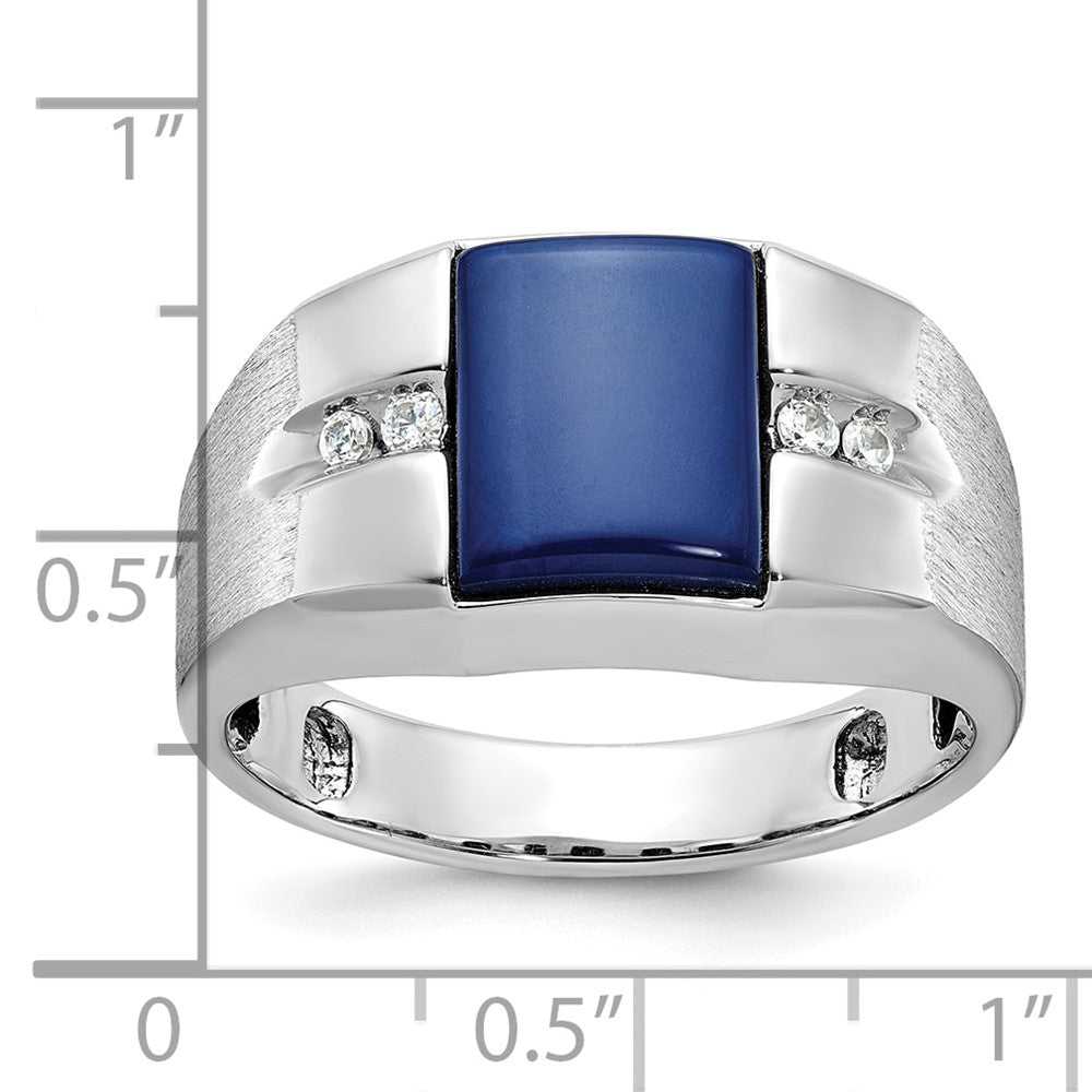 14k White Gold IBGoodman Men's Created Blue Star Sapphire and 1/15 carat Diamond Satin Complete Ring