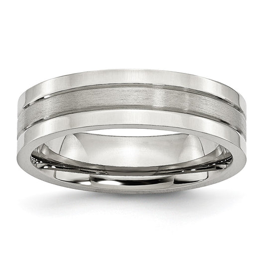 Stainless Steel Polished w/Satin Center 6mm Grooved Band Size - 9.5