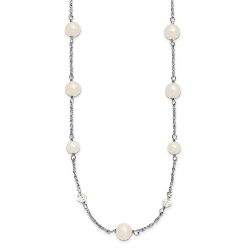 Sterling Silver Rhodium-plated 6-10mm White Near-Round Freshwater Cultured Pearl and Glass 5-Station 17.5 inch with 2.5 inch Extension Necklace 17.5 Inches