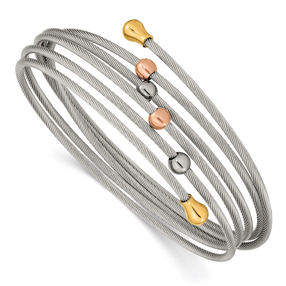 Stainless Steel Polished Rose and Yellow IP-plated Flexible Coil Bangle 7.25 inches