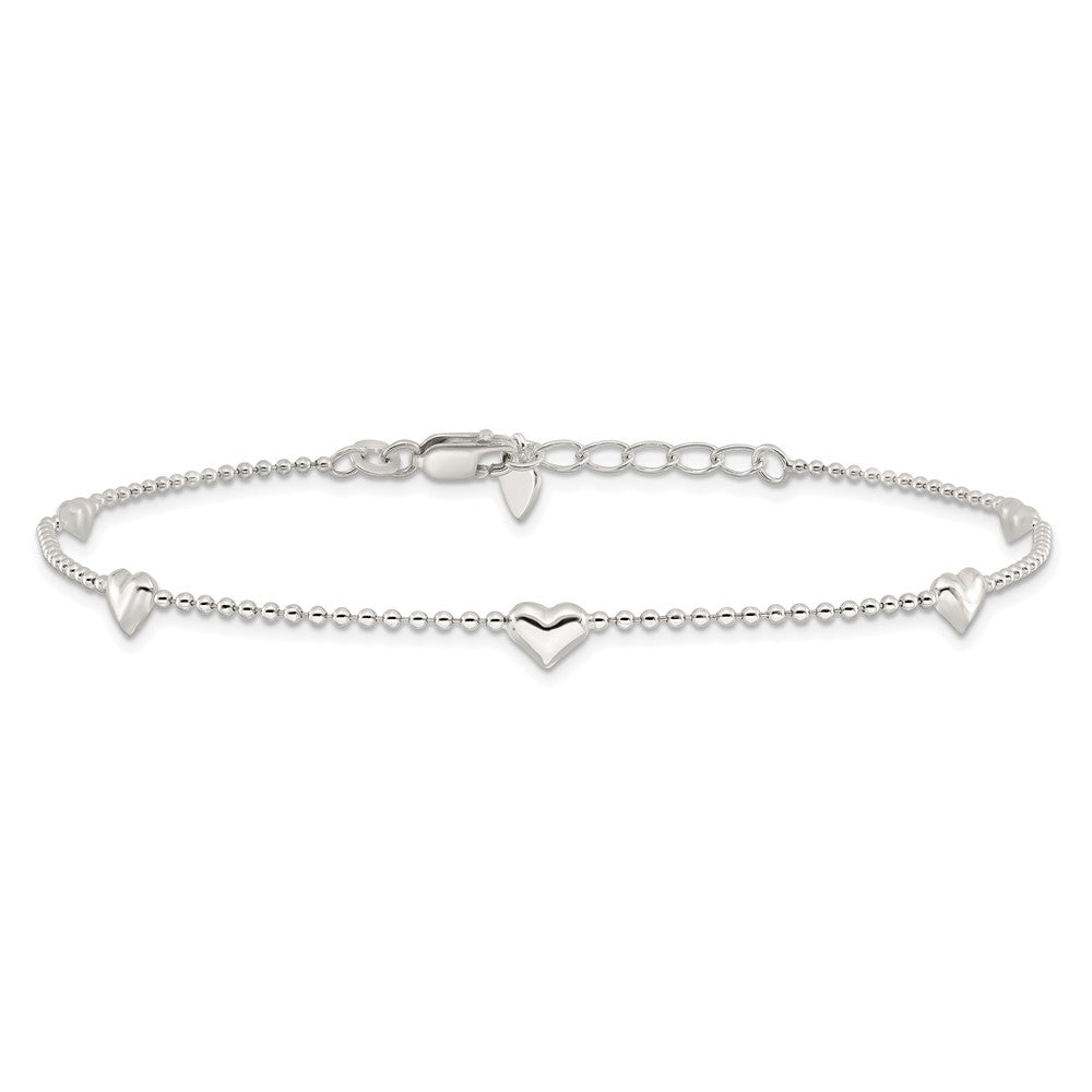 Sterling Silver Dangling Heart 9in Plus 1in ext Anklet 10 inches