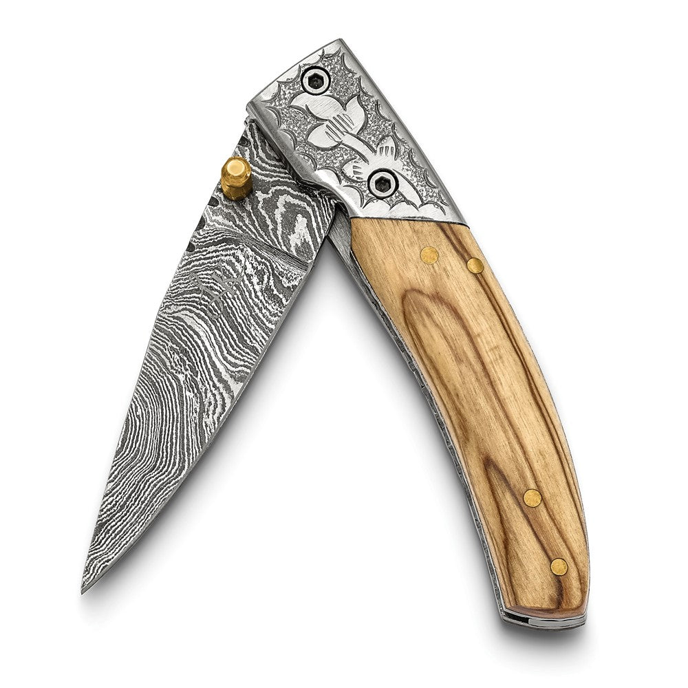 Luxury Giftware Damascus Steel 256 Layer Folding Blade Olive Wood Handle Knife with Leather Sheath and Wooden Gift Box