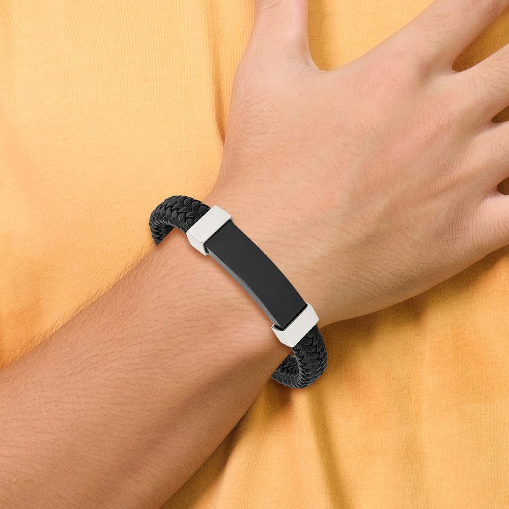 Stainless Steel Polished Black IP-plated Black Leather 8.5in Bracelet 8.5 inches