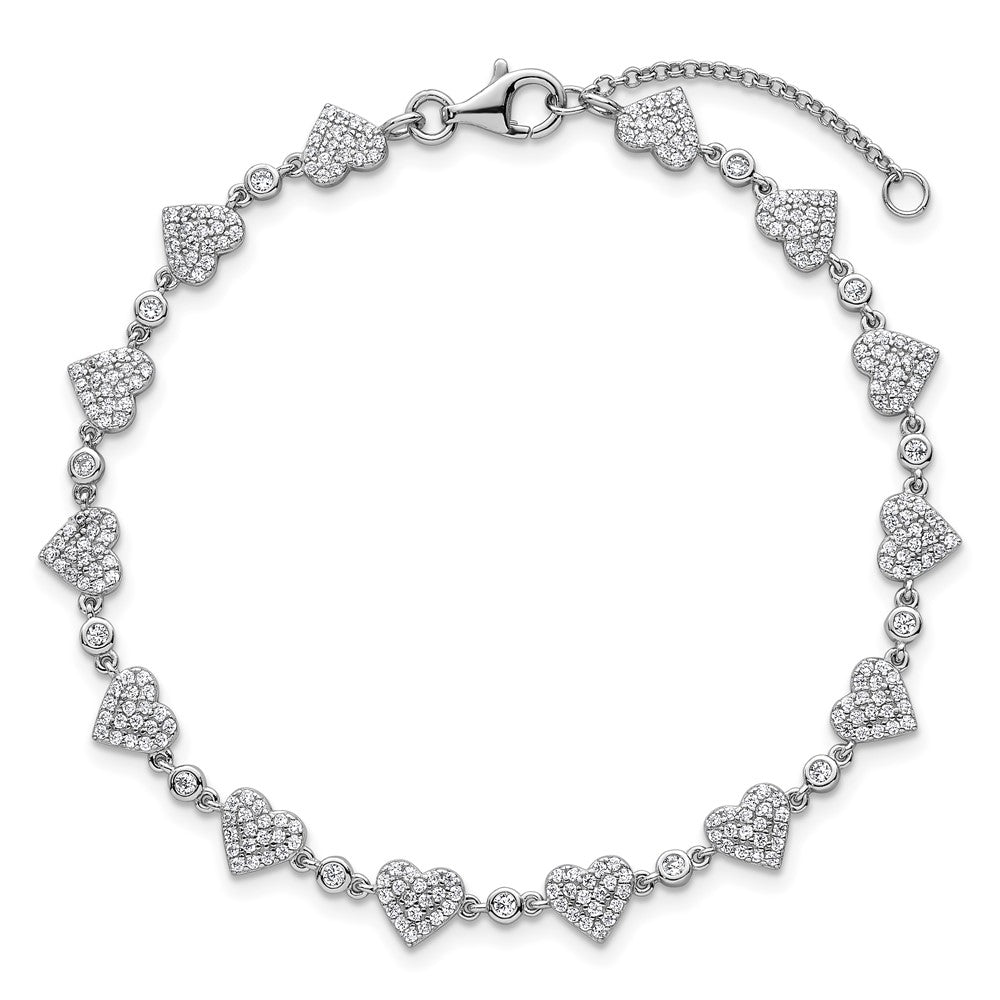 Sterling Silver Rhodium-plated Polished Pave CZ Hearts 7 Inch with 1 Inch Extension Bracelet 8 inches