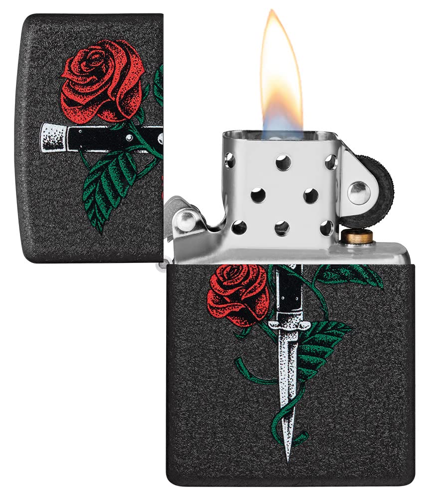 Zippo Rose Dagger Tattoo Design Black Crackle Pocket Lighter
