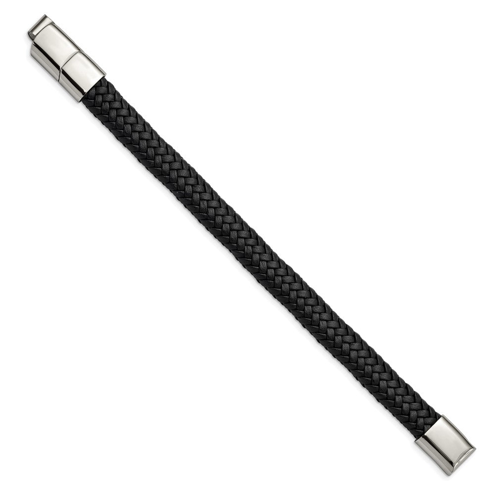 Stainless Steel Polished Black Woven Leather 8in w/.5in ext Bracelet 8 inches