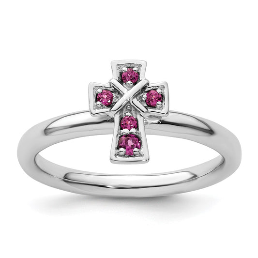 Sterling Silver Stackable Expressions Rhodium Rhodolite Garnet Cross Ring Size -8