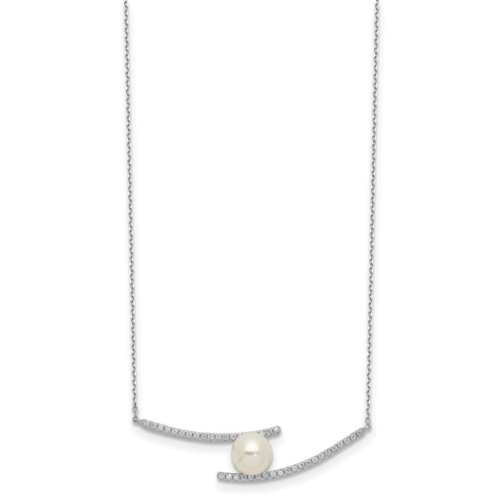 Sterling Silver Rhodium-plated 7-8mm White Button Freshwater Cultured Pearl and CZ 17 inch Necklace 17 Inches