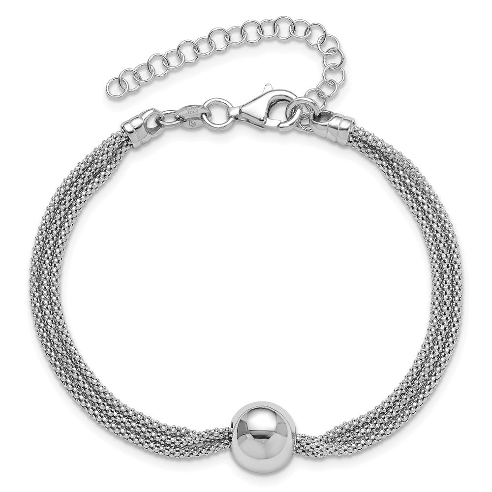 Sterling Silver RH-plt Polished 3-Strand Bead w/2in ext. Bracelet 9  inches