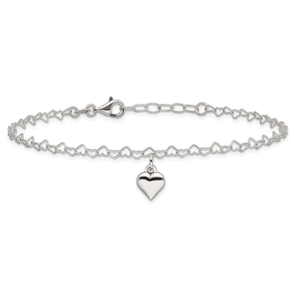 Sterling Silver Polished Fancy Link Puffed Heart 9 in Plus 1in ext. Anklet 9 inches