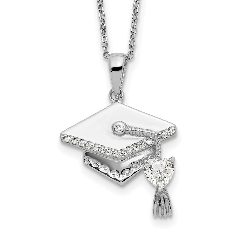 Sterling Silver CZ Graduation Cap Necklace 17.5 Inches