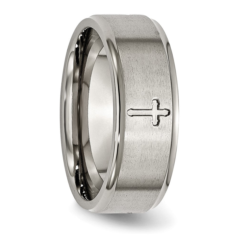 Titanium Brushed Center Cross 8mm Ridged Edge Band Size - 13.5