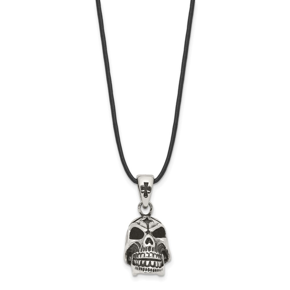 Stainless Steel Antiqued & Polished Moveable Skull Leather Cord Necklace