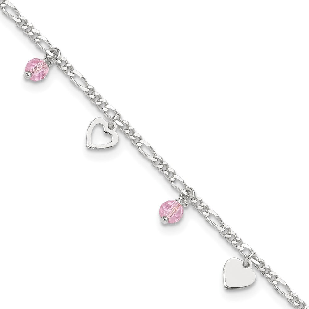 Sterling Silver Pink Glass Beads and Polished Hearts 9 inch Anklet with 1 inch extension 9 inches