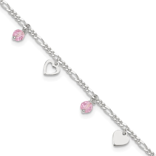 Sterling Silver Pink Glass Beads and Polished Hearts 9 inch Anklet with 1 inch extension 9 inches