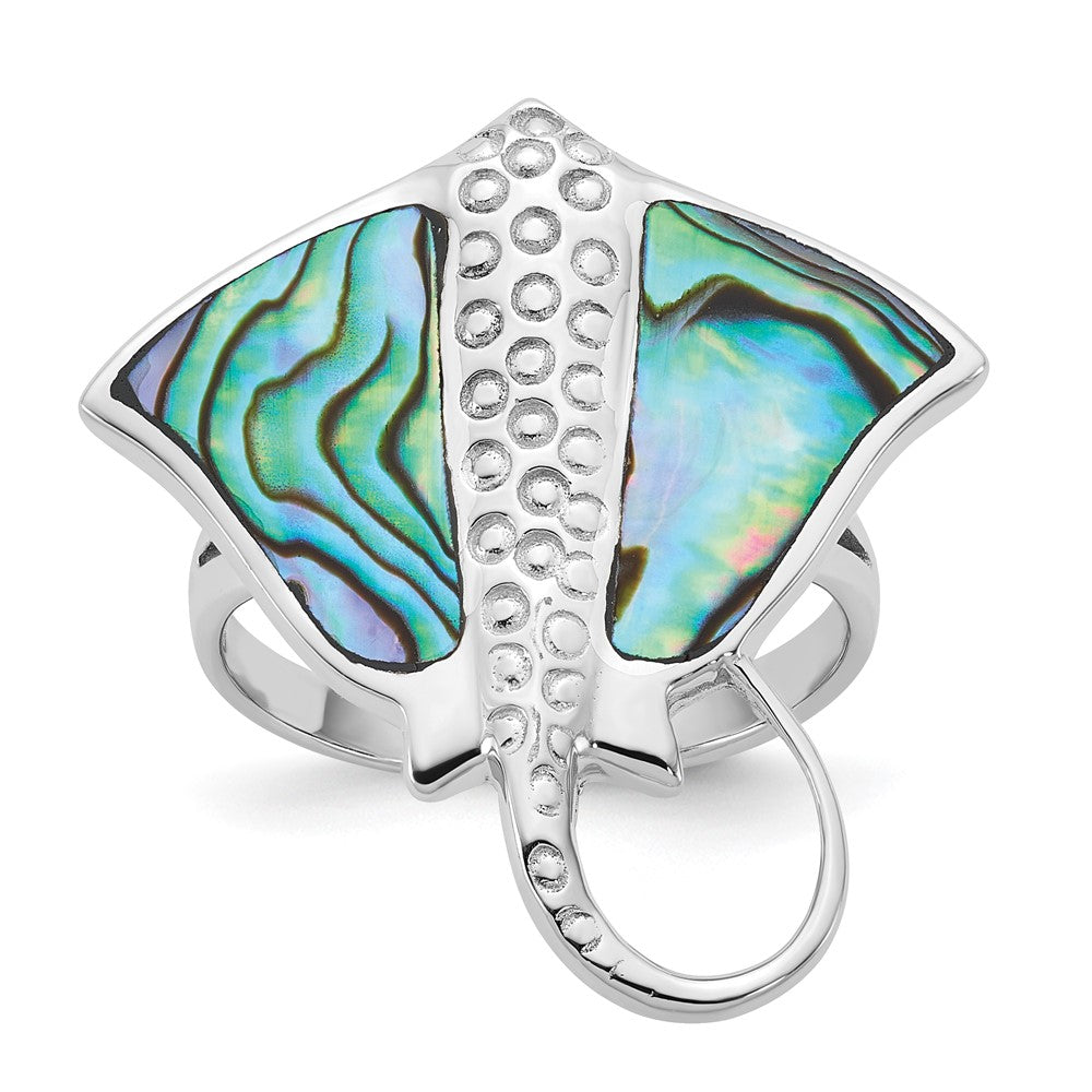 Sterling Silver Rhodium-plated Polished and Textured Abalone Stingray Size 7 Ring